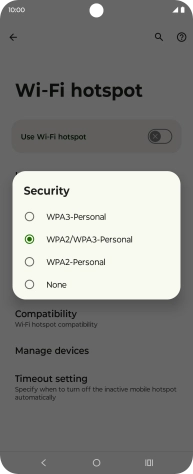 Press WPA3-Personal to password protect your Wi-Fi hotspot. Press WPA3-Personal to password protect your Wi-Fi hotspot.