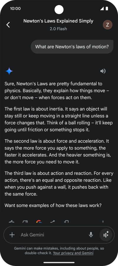 Transcription of the conversation with Gemini Live is now displayed.