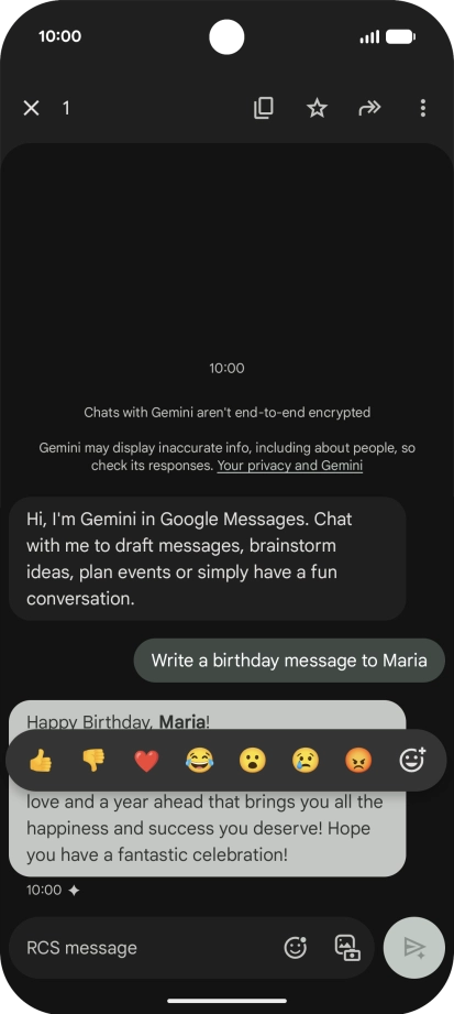 Press and hold the text suggestion from Gemini. Follow the instructions on the screen to use the text suggestion. Press and hold the text suggestion from Gemini. Follow the instructions on the screen to use the text suggestion.