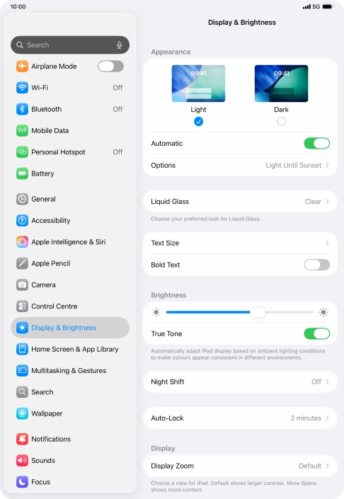 If you turn on the function, press Options and follow the instructions on the screen to select the required period of time for Dark Mode.