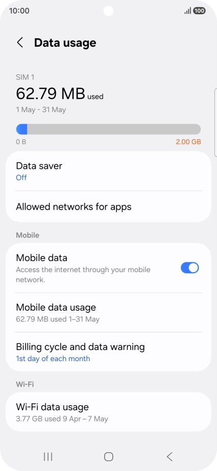 The total data usage is displayed. The total data usage is displayed.