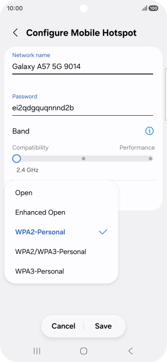 Press WPA3-Personal to password protect your Wi-Fi hotspot. Press WPA3-Personal to password protect your Wi-Fi hotspot.