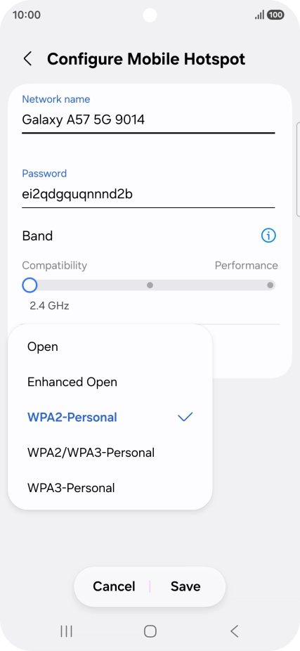 Press WPA3-Personal to password protect your Wi-Fi hotspot. Press WPA3-Personal to password protect your Wi-Fi hotspot.
