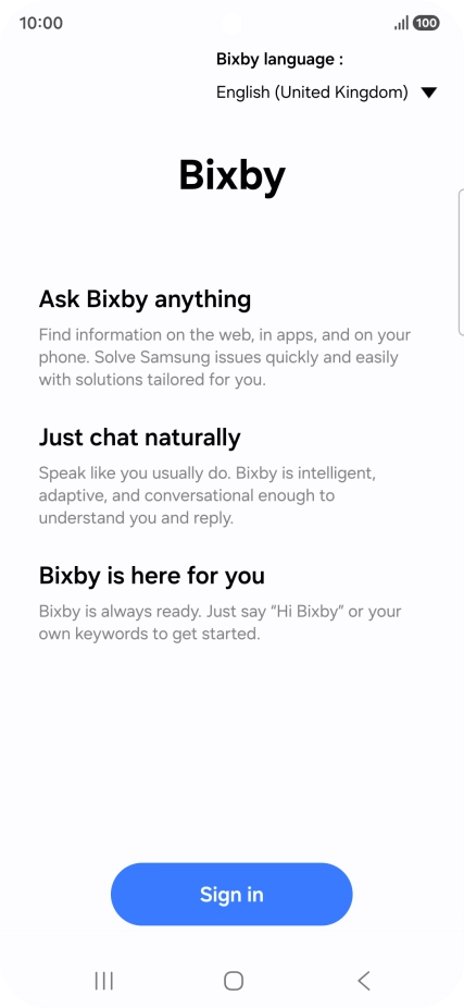 Press Sign in and follow the instructions on the screen to log on to your Samsung account.