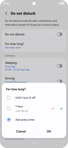 Press the required setting.