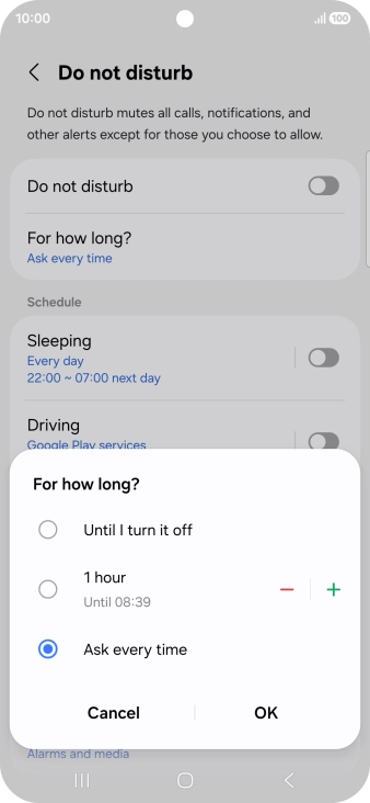 Press the required setting.