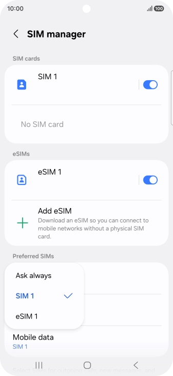 Press the required setting.