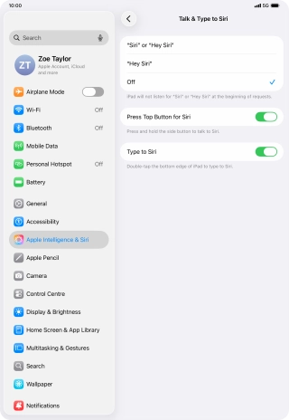 Press the required setting to turn the function on or off. If you turn on the function, you need to follow the instructions on the screen to set up Siri to recognise your voice.