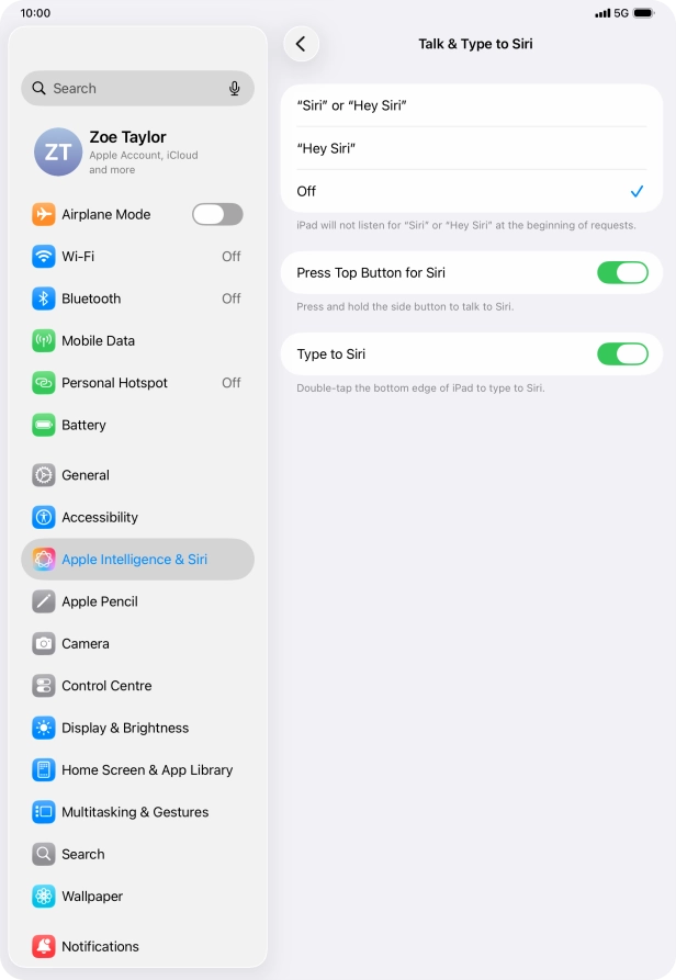 Press the required setting to turn the function on or off. If you turn on the function, you need to follow the instructions on the screen to set up Siri to recognise your voice.