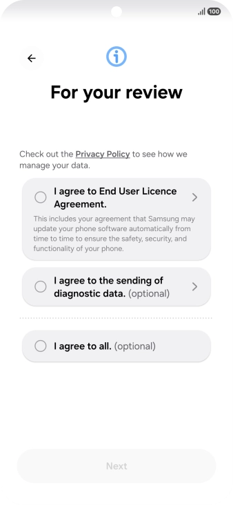 Press the fields next to the required settings to select them. Press the fields next to the required settings to select them.