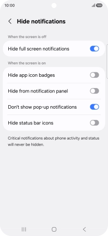 Press the indicators next to the required settings to turn display of the selected notification types on or off.