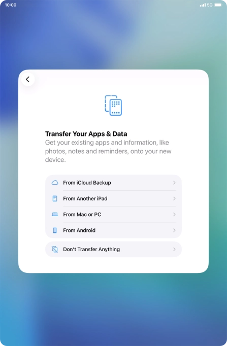 When this screen is displayed, your tablet is ready to restore content from an iCloud backup.