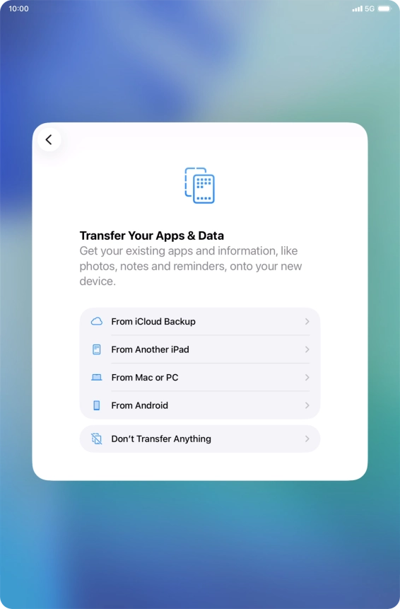 When this screen is displayed, your tablet is ready to restore content from an iCloud backup.