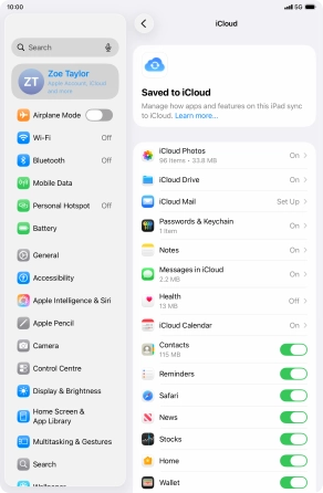 Press the indicators next to the required data types to turn synchronisation of each data type on or off.