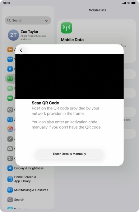 Place the QR code you've received inside the tablet camera frame to scan the code. Your eSIM is transferred to your new tablet over the internet.