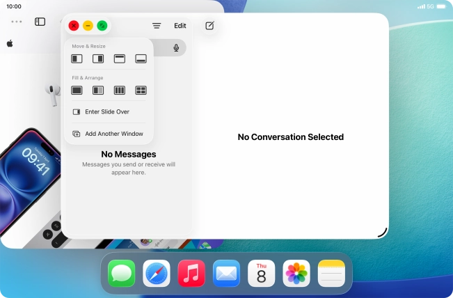 Press the required setting to place the application window on the opposite side of the screen from the first application window.