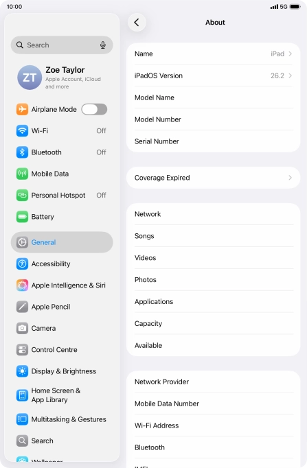 Your tablet's software version is displayed next to iPadOS Version.