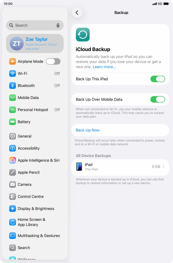 Press Back Up Now and wait while the tablet memory is backed up.