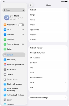 Your tablet's EID number is displayed below EID.