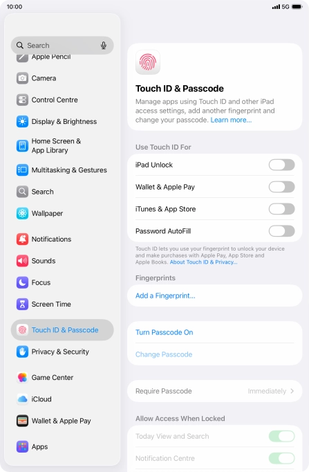 Press Turn Passcode On and key in a lock code of your own choice twice. Press Turn Passcode On and key in a lock code of your own choice twice.