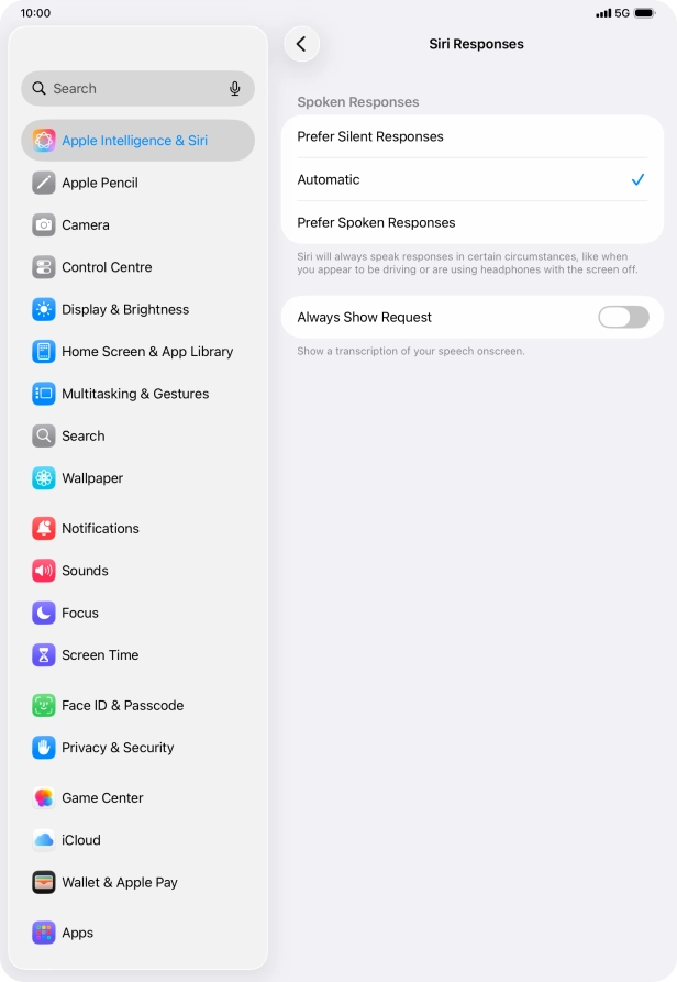 Press the required setting.
