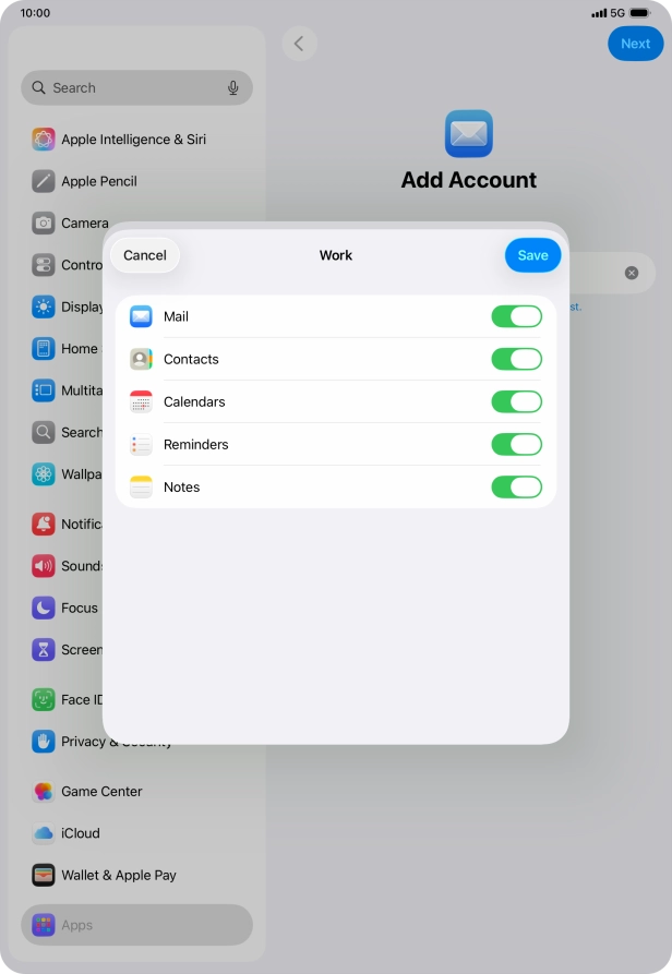 Press the indicators next to the required data types to turn synchronisation of each data type on or off.