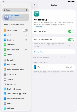 Press Back Up Now and wait while the tablet memory is backed up.