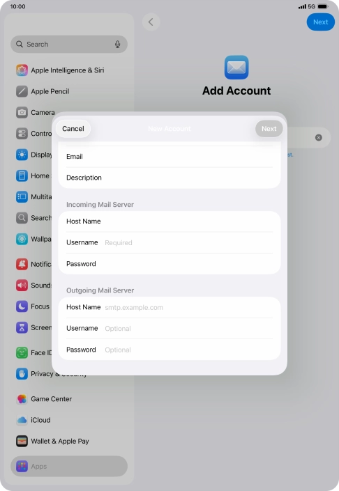 Press Username and key in the username for your email account.