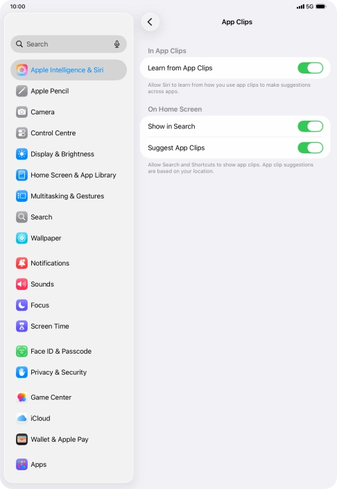 Press the indicators next to the required settings to turn them on or off.