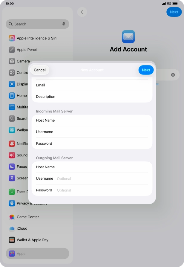 Press Username and key in the username for your email account.