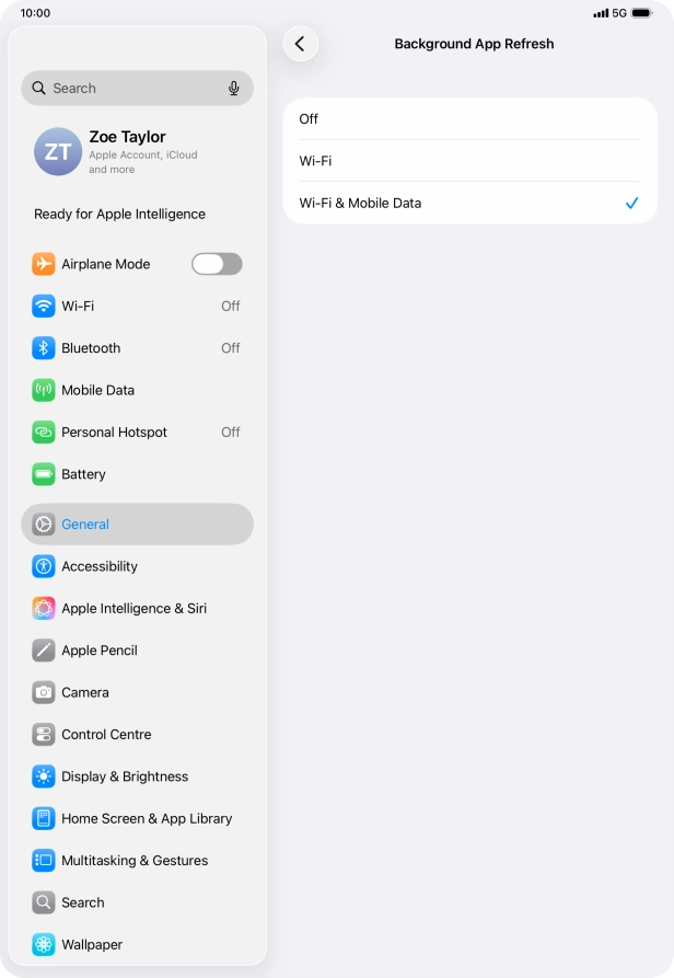 To turn off background refresh of apps, press Off.