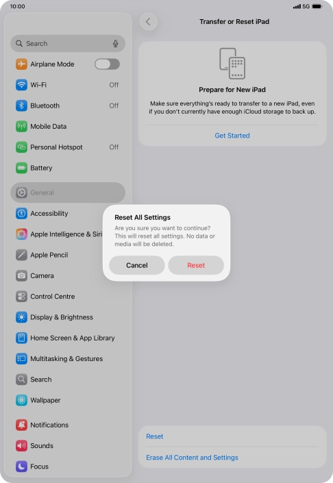 Press Reset. Wait a moment while the factory default settings are restored. Follow the instructions on the screen to set up your tablet and prepare it for use.