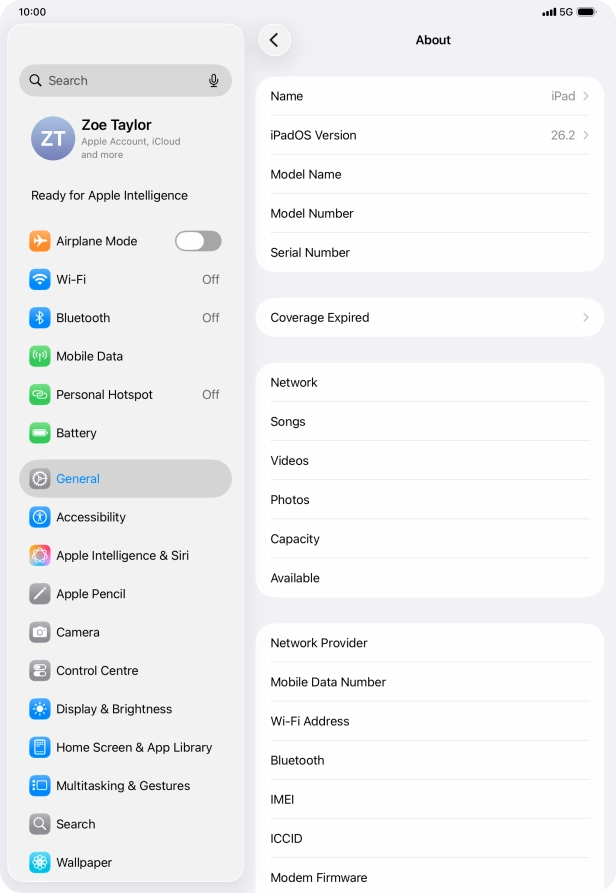 Your tablet's software version is displayed next to iPadOS Version.