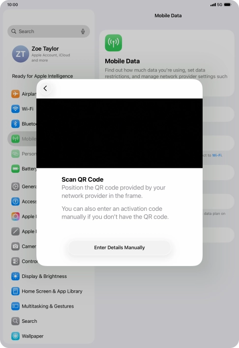 Place the QR code you've received inside the tablet camera frame to scan the code. Your eSIM is transferred to your new tablet over the internet.