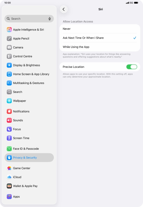 Press the required setting to turn the function on or off.