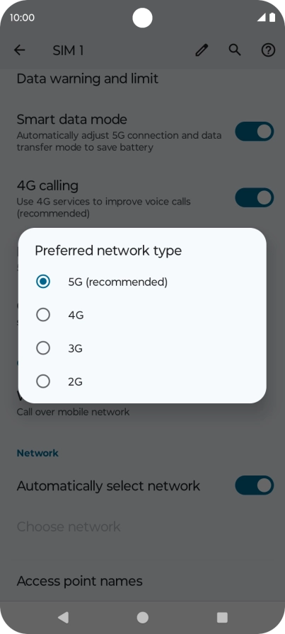Press the required network mode.