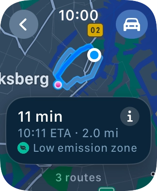 Turn the Digital Crown to see the suggested routes. Turn the Digital Crown to see the suggested routes.