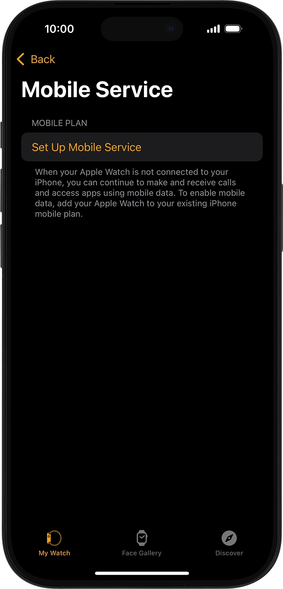 On your phone: If you've bought your Apple Watch elsewhere than from Vodafone, press Set Up Mobile Service and follow the instructions on the screen to set up mobile data.