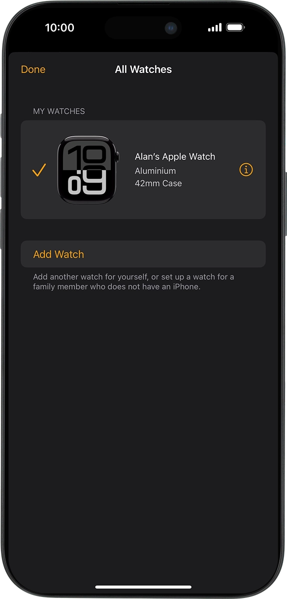 On your phone: Press the information icon next to the name of your Apple Watch.