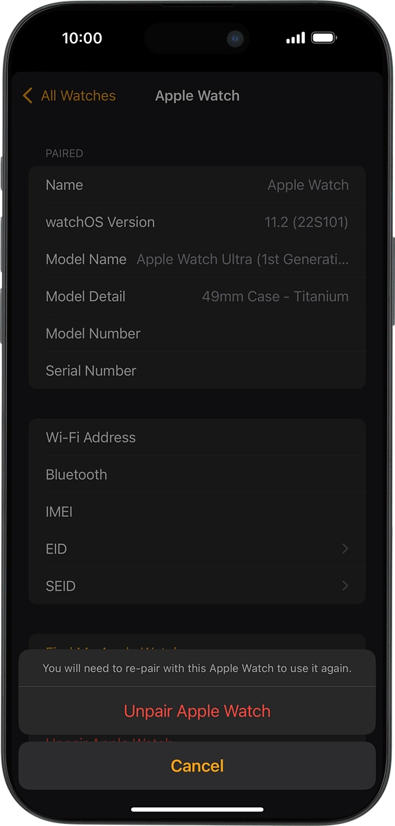 On your phone: Press Unpair Apple Watch and follow the instructions on the screen to unpair your Apple Watch and your phone. When prompted, key in the password for your Apple ID.