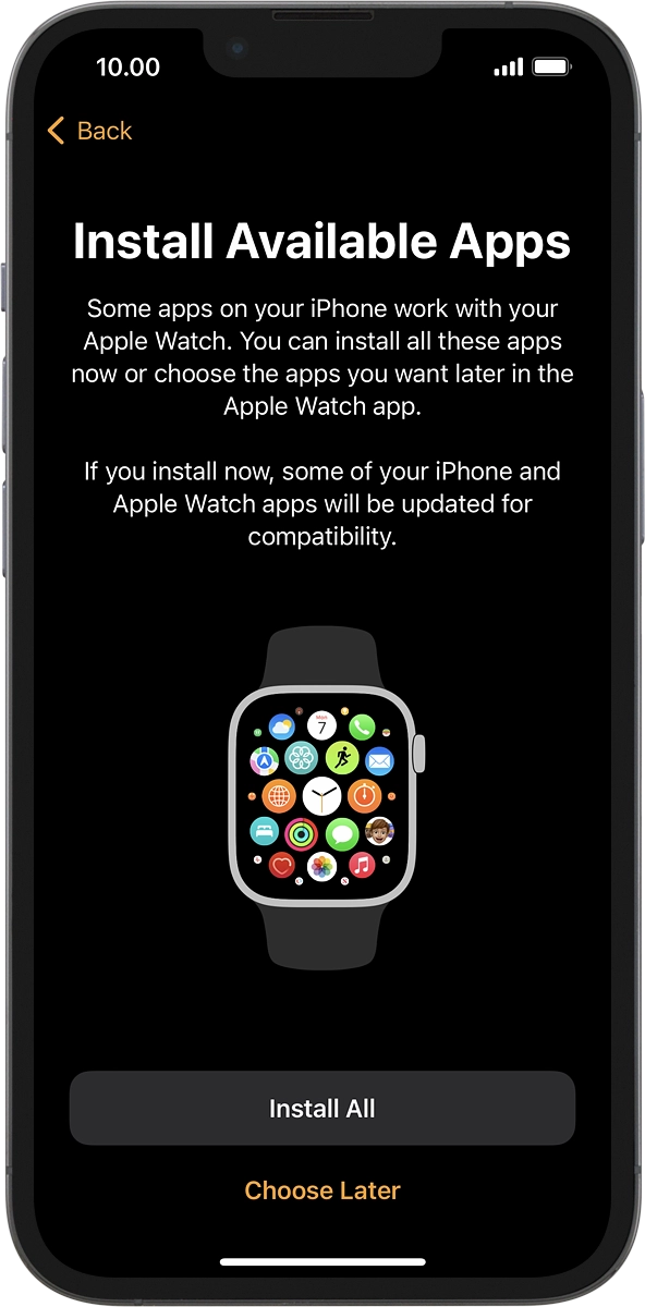 On your phone: Press Install All to install compatible apps from your phone on your Apple Watch. Wait a moment while the apps are installed.