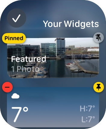 Press the pin widget icon on the required widget to pin it to the top of the stack.