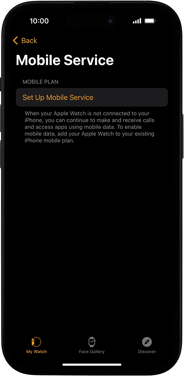 On your phone: If you've bought your Apple Watch elsewhere than from Vodafone, press Set Up Mobile Service and follow the instructions on the screen to set up mobile data.