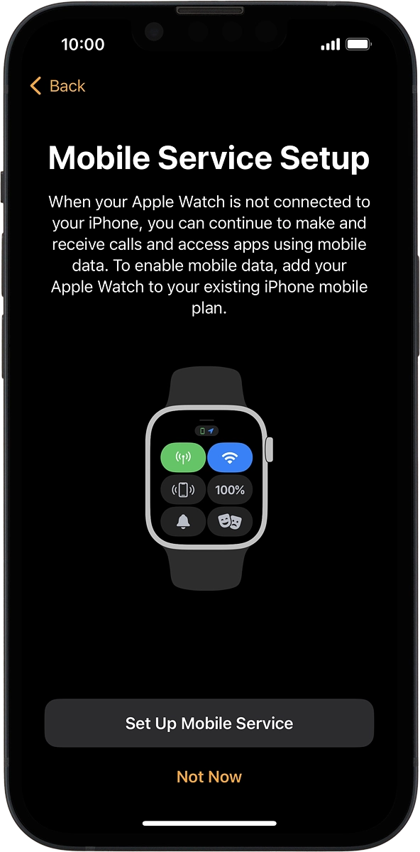On your phone: If you've bought your Apple Watch elsewhere than from Vodafone, follow the instructions on the screen to set up mobile data on your Apple Watch or press .Not Now.