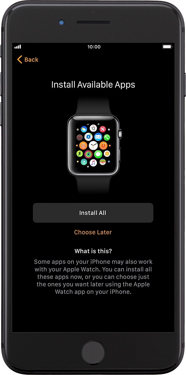 On your phone: Press Install All to install compatible apps from your phone on your Apple Watch. Wait a moment while the apps are installed.