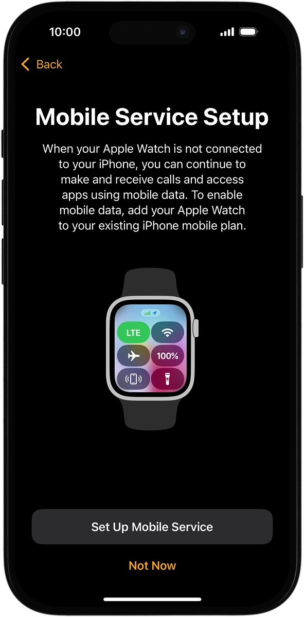 On your phone: If you've bought your Apple Watch elsewhere than from Vodafone, follow the instructions on the screen to set up mobile data on your Apple Watch or press .Not Now.