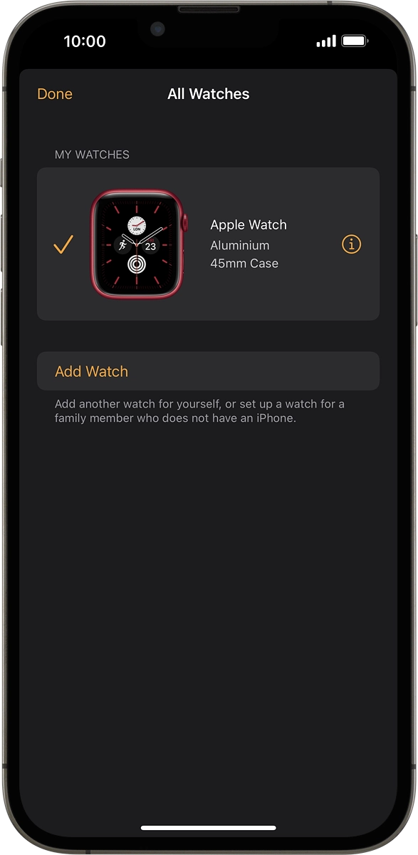 On your phone: Press the information icon next to the name of your Apple Watch.