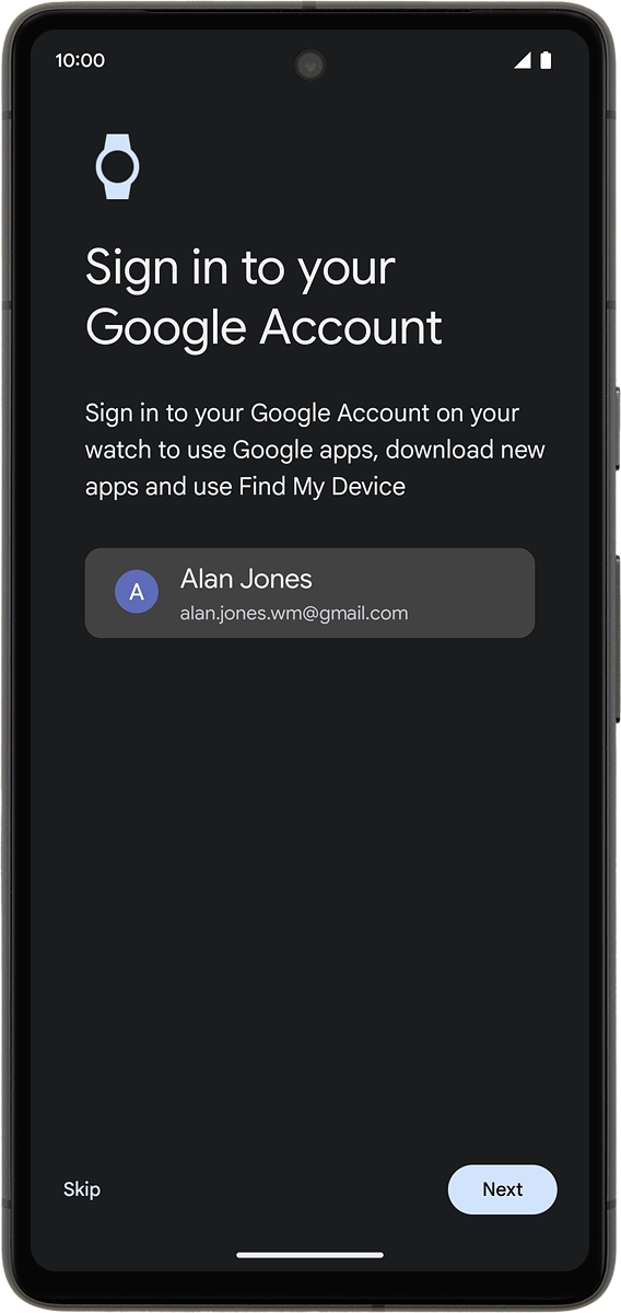 On your phone: Press Next to log on with your Google account.