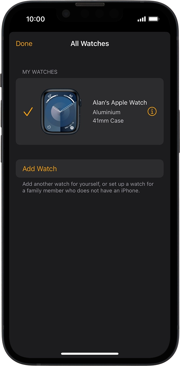 On your phone: Press the information icon next to the name of your Apple Watch.
