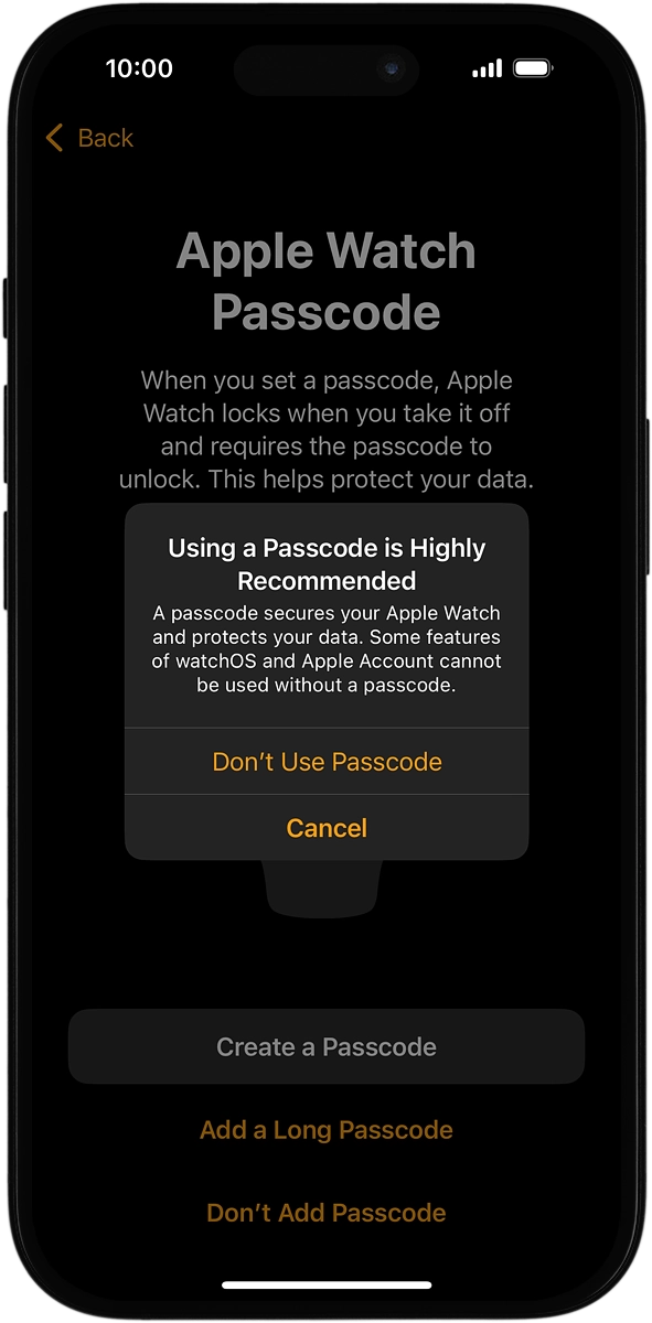 On your phone: Press Don't Use Passcode.